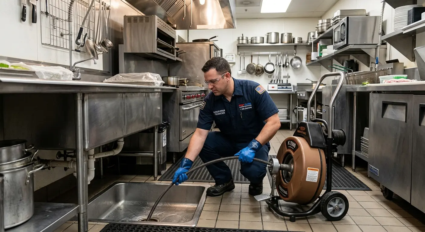 Commercial drain cleaning service in a restaurant kitchen in Wayne