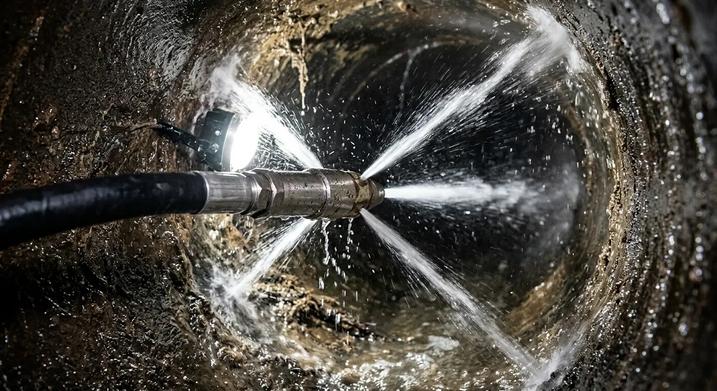 High-pressure hydro jetting nozzle cleaning sewer pipe for Storm Drain Cleaning in Wayne