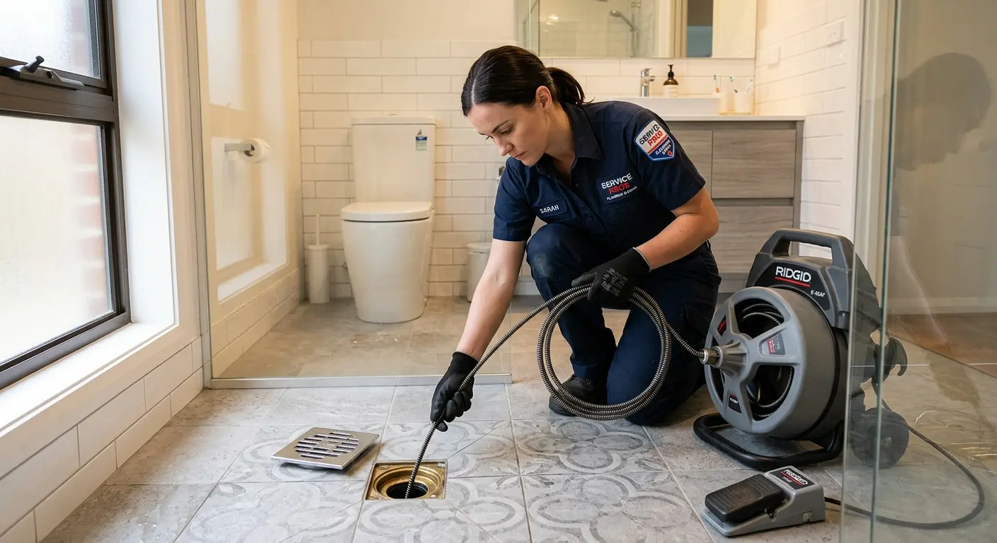 Technician clearing a bathroom floor drain for Clogged Drain Repair in Wayne